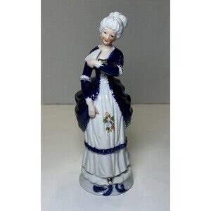 Vintage Victorian/Colonial Porcelain Women With Fan Figurine White/Blue Decor